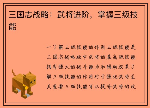 三国志战略：武将进阶，掌握三级技能